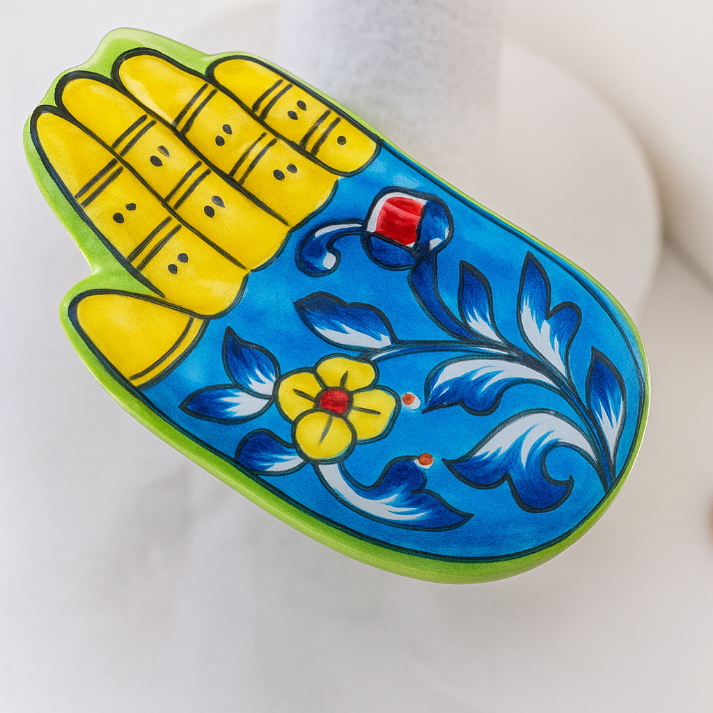 Decorative item with floral design and yellow corn-like elements on a white background
