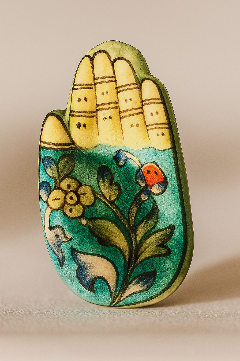 Decorative ceramic hand-shaped object with floral designs on a beige background