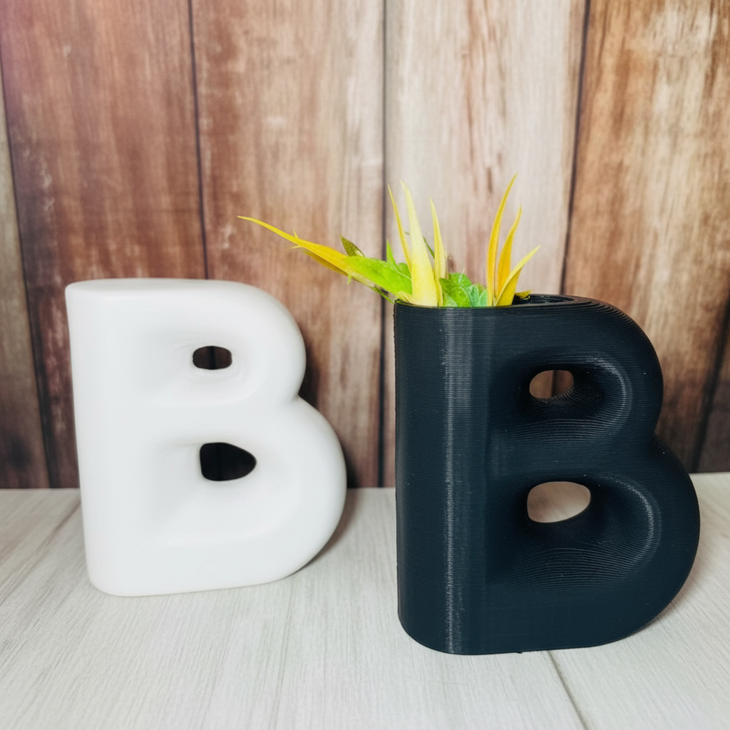 Black letter 'B' mug with green plant against a wooden background