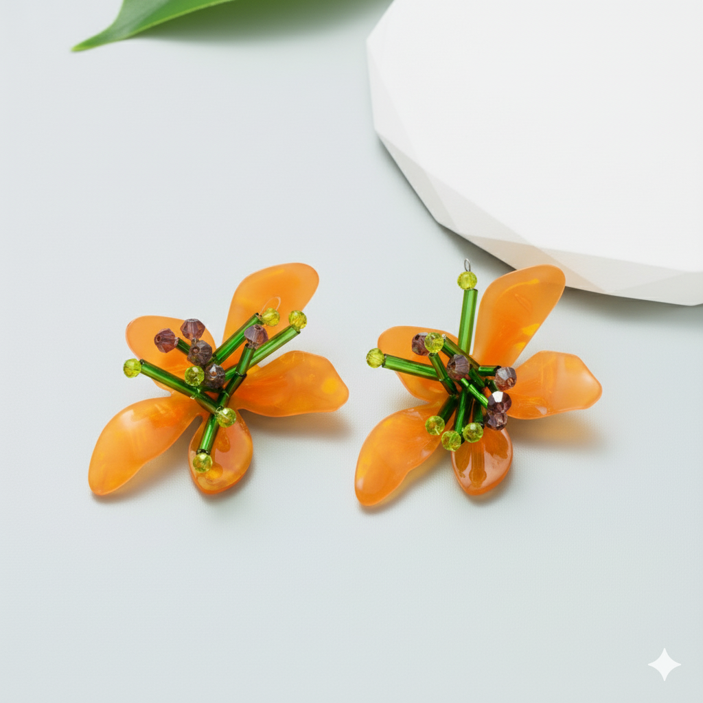 Orange flower-shaped earrings on a light gray background
