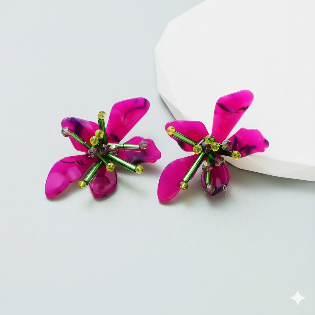 Pink flower-shaped earrings with green accents on a light gray background
