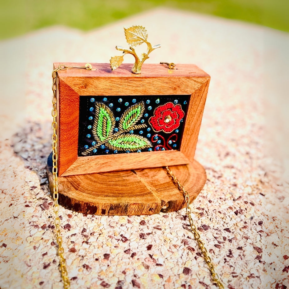 Premium handcrafted wooden handbag with unique beaded flower design