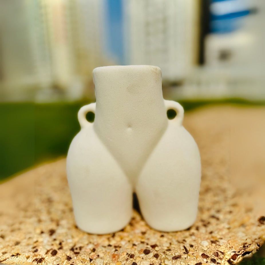 White ceramic vase with two small handles on a textured surface