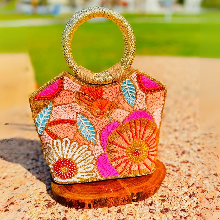 Premium quality flower design beaded handbag for casual and festive occasions