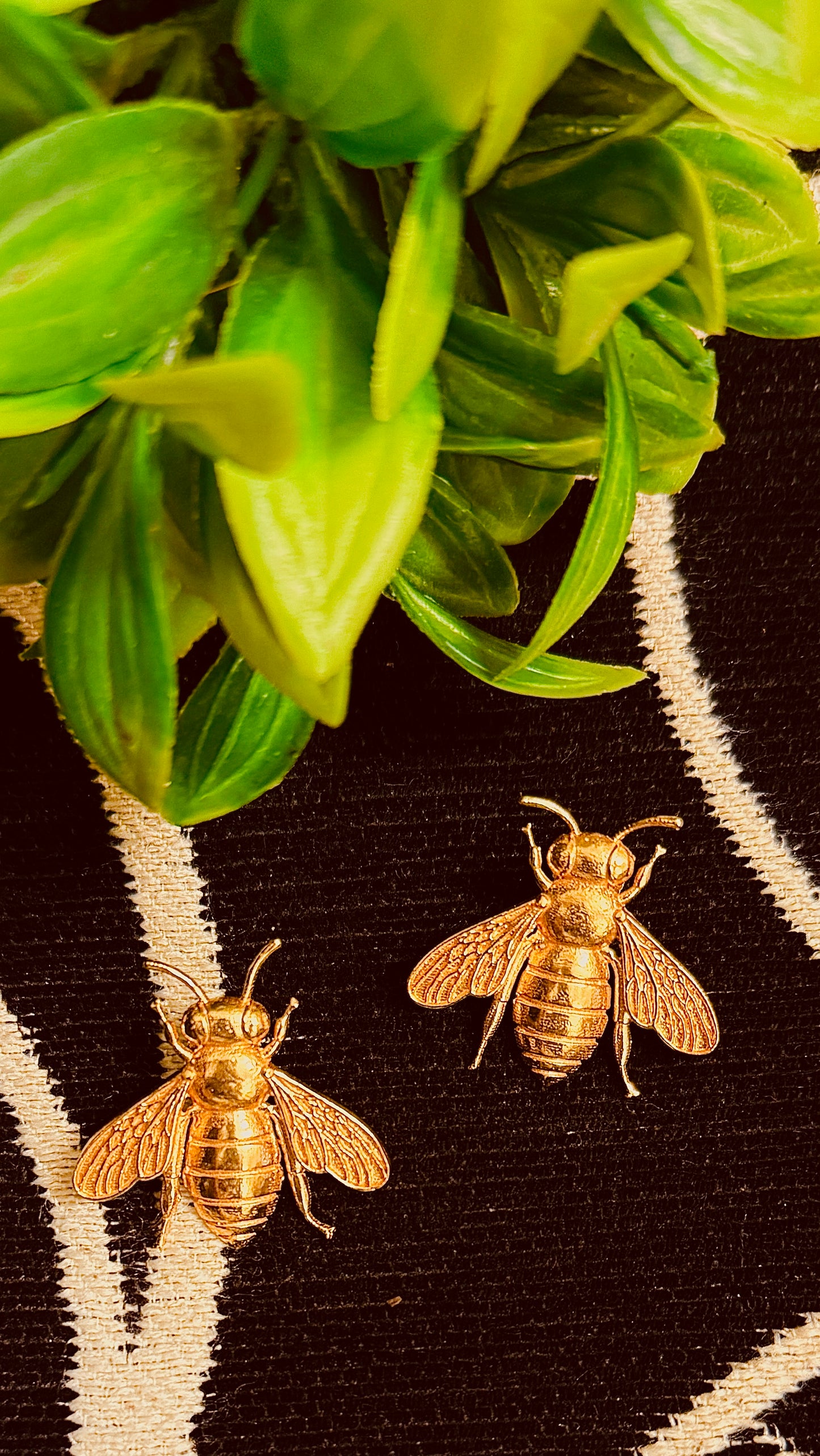 Gold bee-shaped earrings on a black fabric background with green leaves.