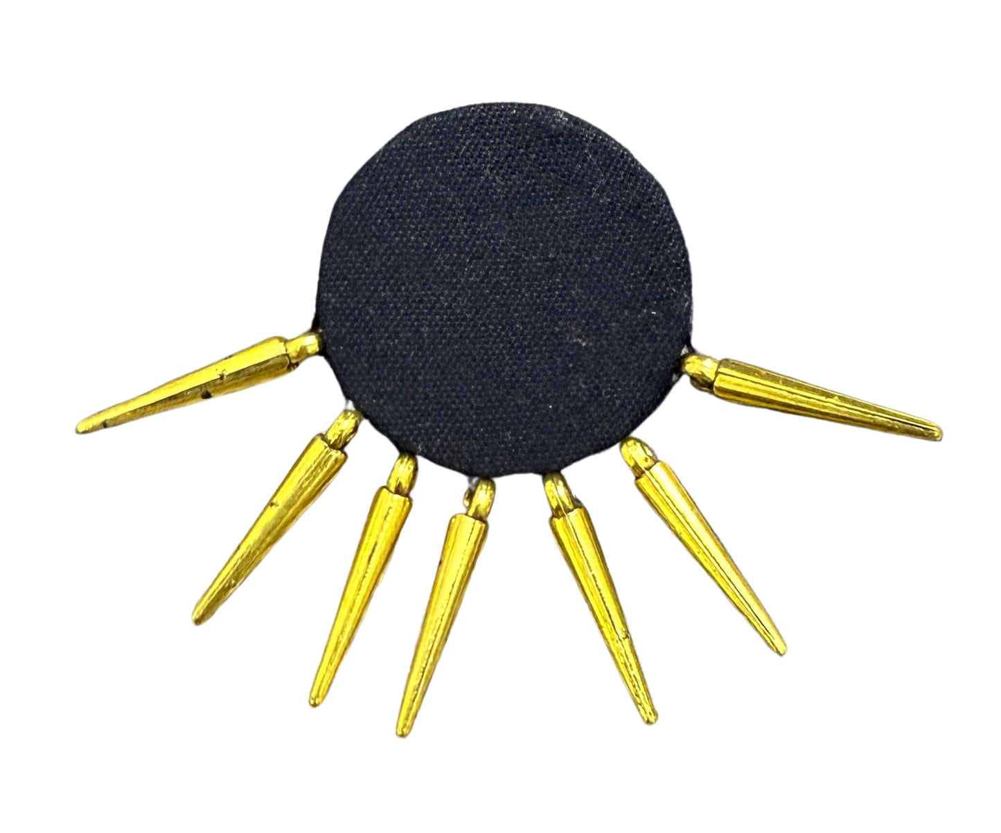 Black spider-shaped object with gold legs on a white background