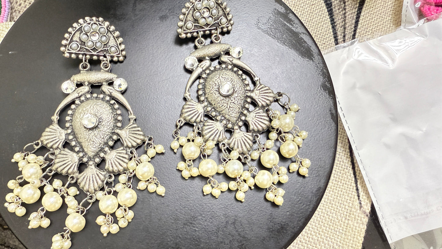 Handmade Silver Look-Alike Jhumka Earring with Exquisite Pearls