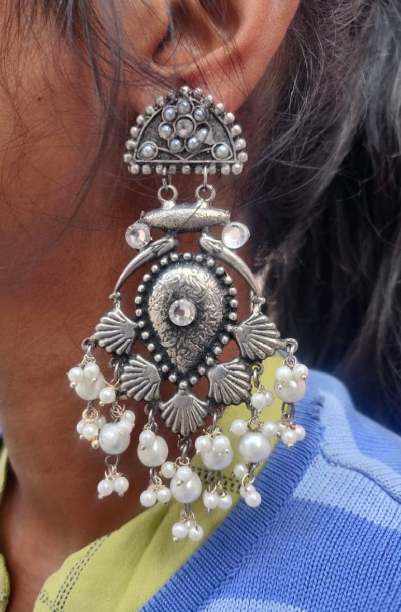 Handmade Silver Look-Alike Jhumka Earring with Exquisite Pearls