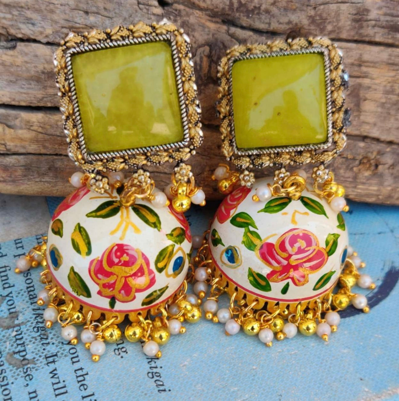 Handcrafted Meenakari Mogra Pearl Earrings โ Light Aquatic Green with Yellow Stud & Blush Pink