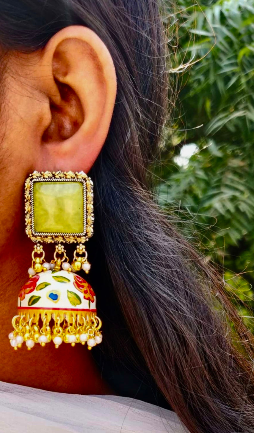 Handcrafted Meenakari Mogra Pearl Earrings โ Light Aquatic Green with Yellow Stud & Blush Pink