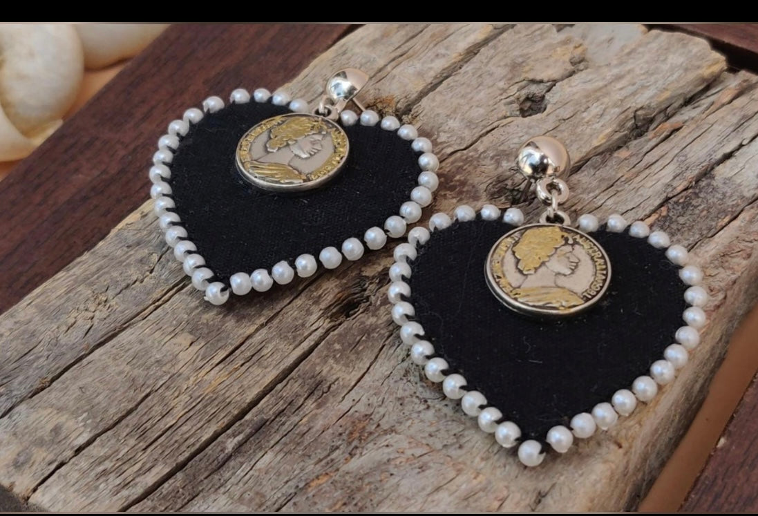 Handcrafted Black Hand-Painted Coin & Pearl Earrings