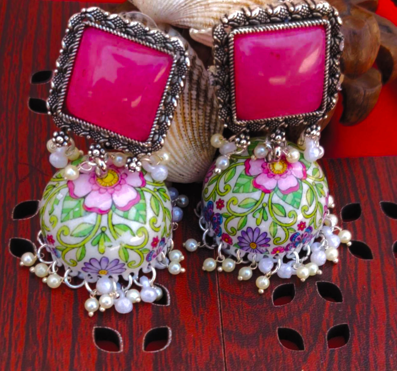 Handcrafted Meenakari Mogra Pearl Earrings โ Light Aquatic Green with Yellow Stud & Blush Pink