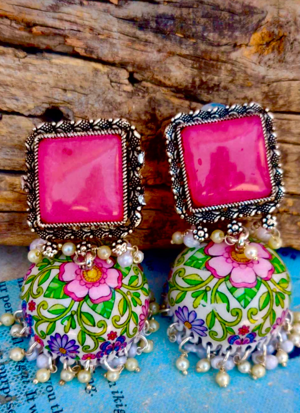 Handcrafted Meenakari Mogra Pearl Earrings โ Light Aquatic Green with Yellow Stud & Blush Pink