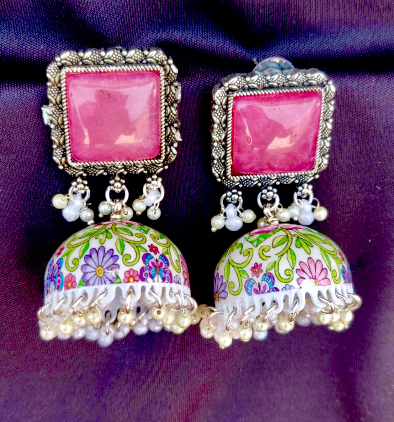 Handcrafted Meenakari Mogra Pearl Earrings โ Light Aquatic Green with Yellow Stud & Blush Pink