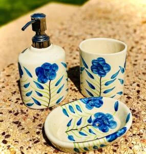 Navy blue and white Bathroom Dispensers set of 3