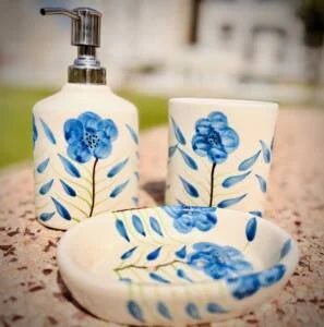 Navy blue and white Bathroom Dispensers set of 3