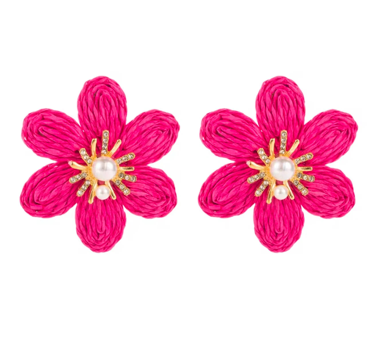 Rattan Raffia Handmade Bold Color Earring with Pearls and Diamonds Design