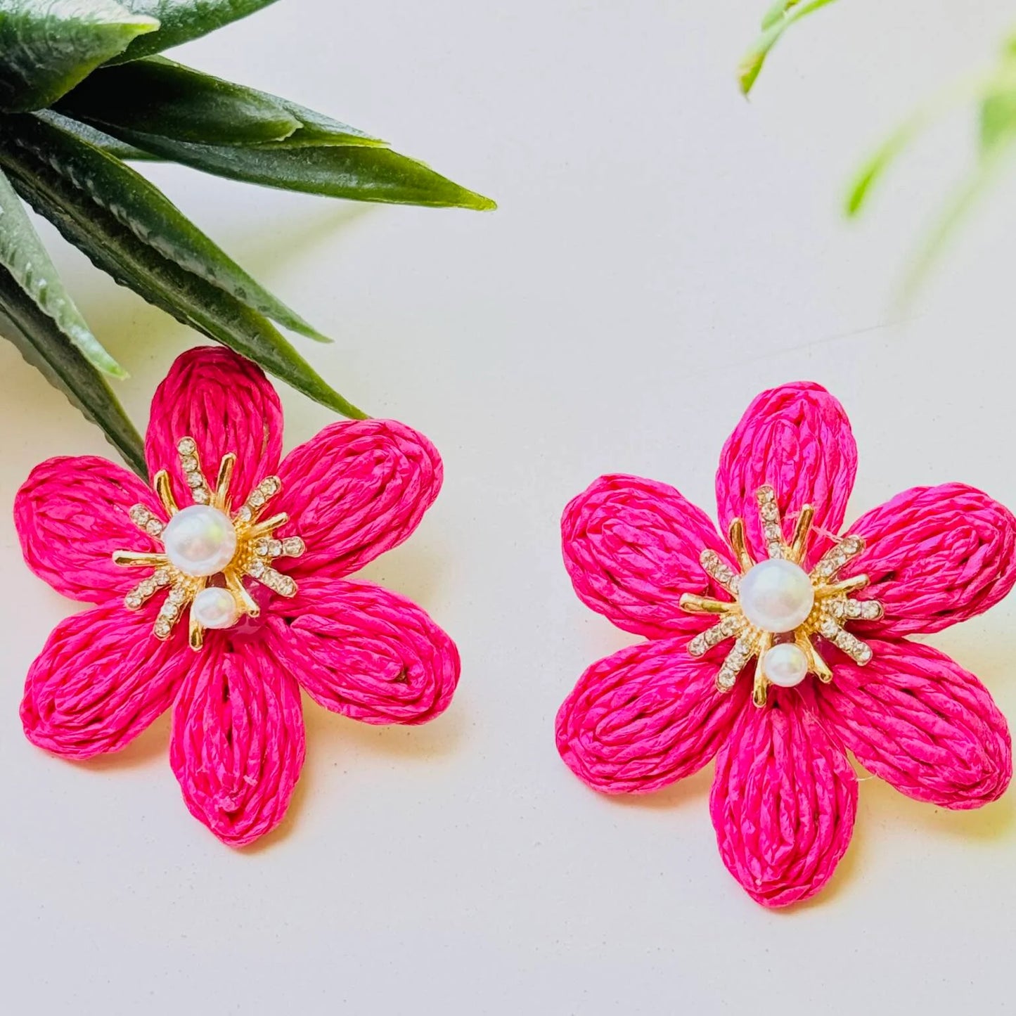 Rattan Raffia Handmade Bold Color Earring with Pearls and Diamonds Design