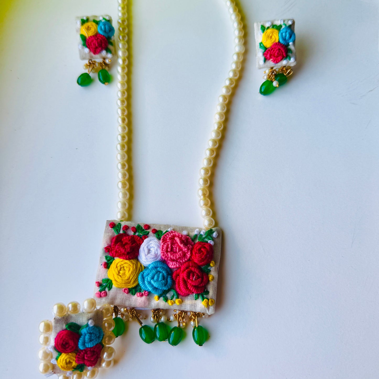 Necklace set with floral designs on a white background