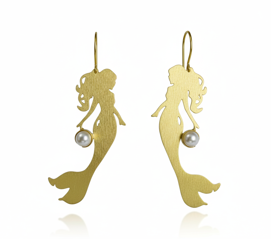 Gold mermaid silhouette earrings with pearl accents on a white background