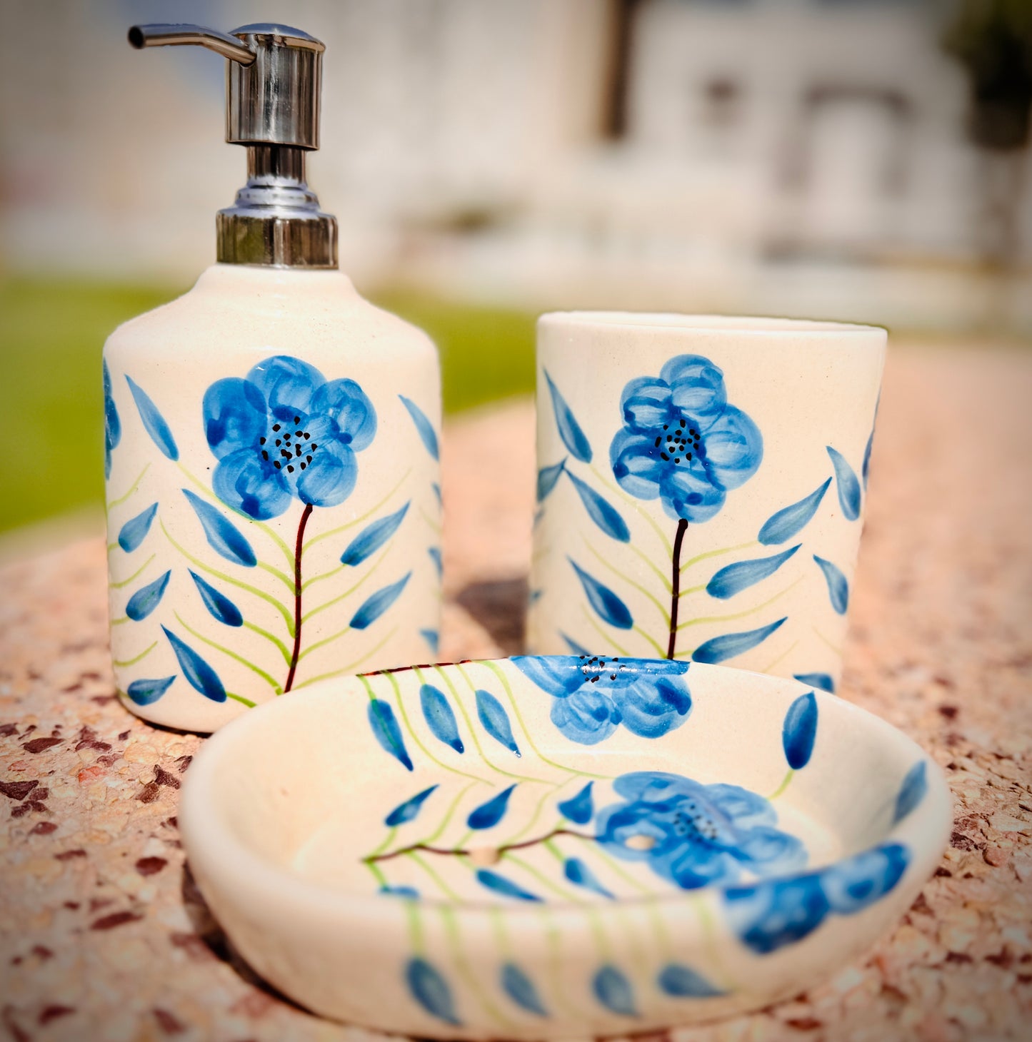 Navy blue and white Bathroom Dispensers set of 3
