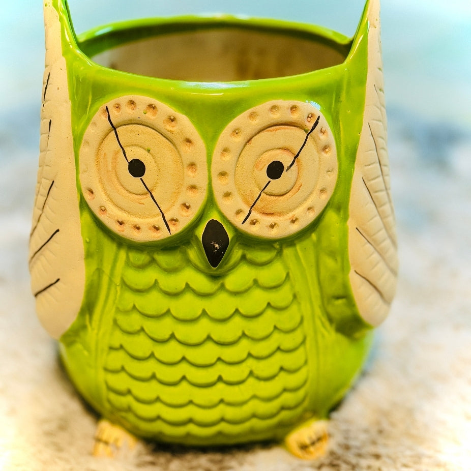 Green owl-shaped ceramic mug on a textured surface with a blurred background