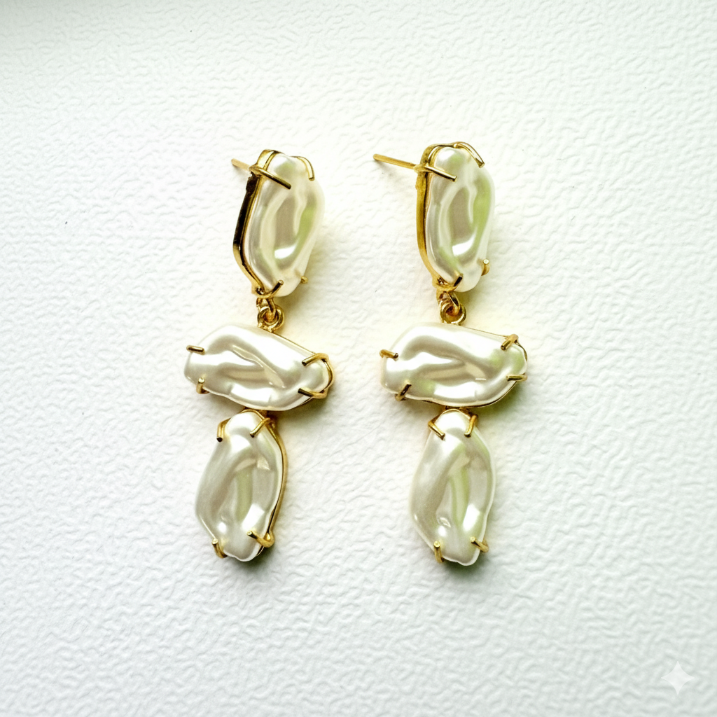 Pair of gold and pearl drop earrings on a white background