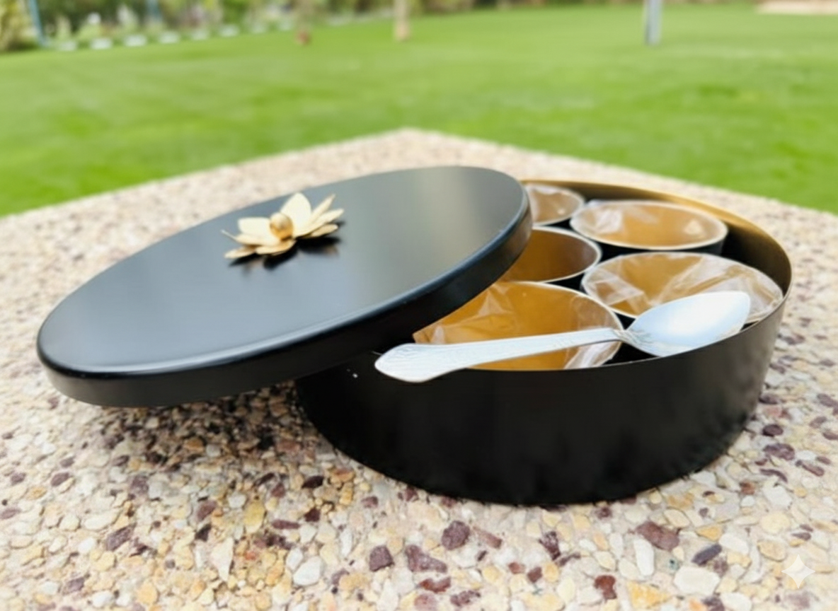 Black container with compartments and a spoon on a pebbled surface outdoors