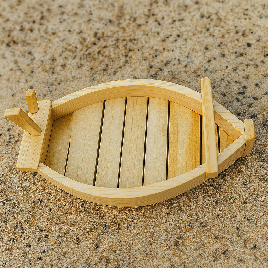Wooden toy boat on a sandy surface