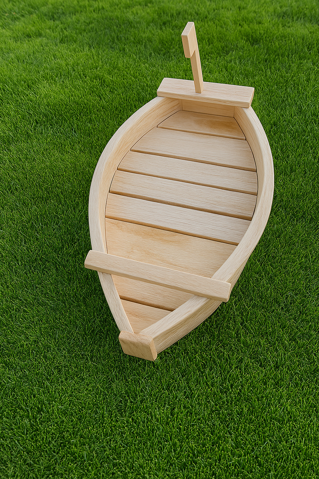 Wooden toy boat on a grassy background