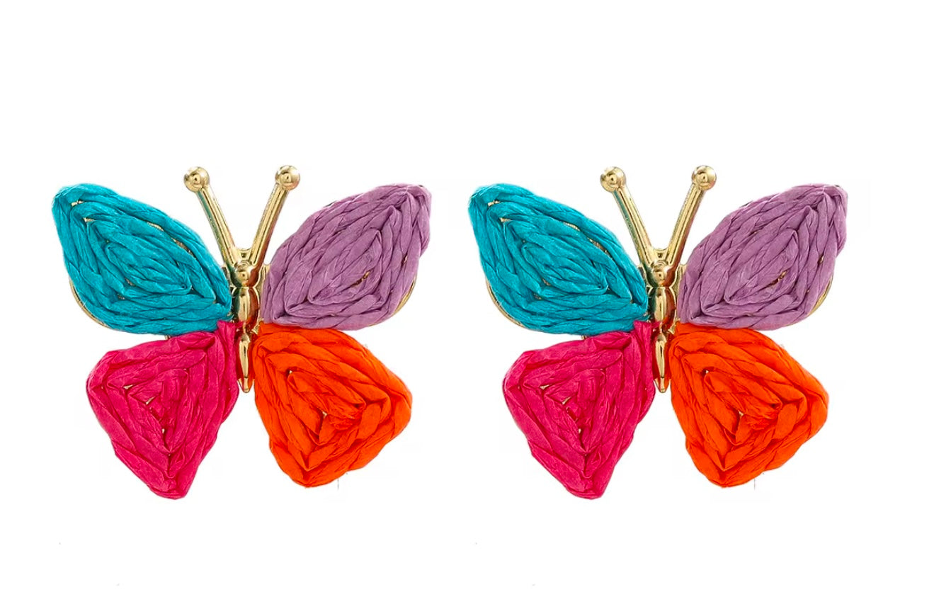 Pair of colorful butterfly-shaped earrings on a white background