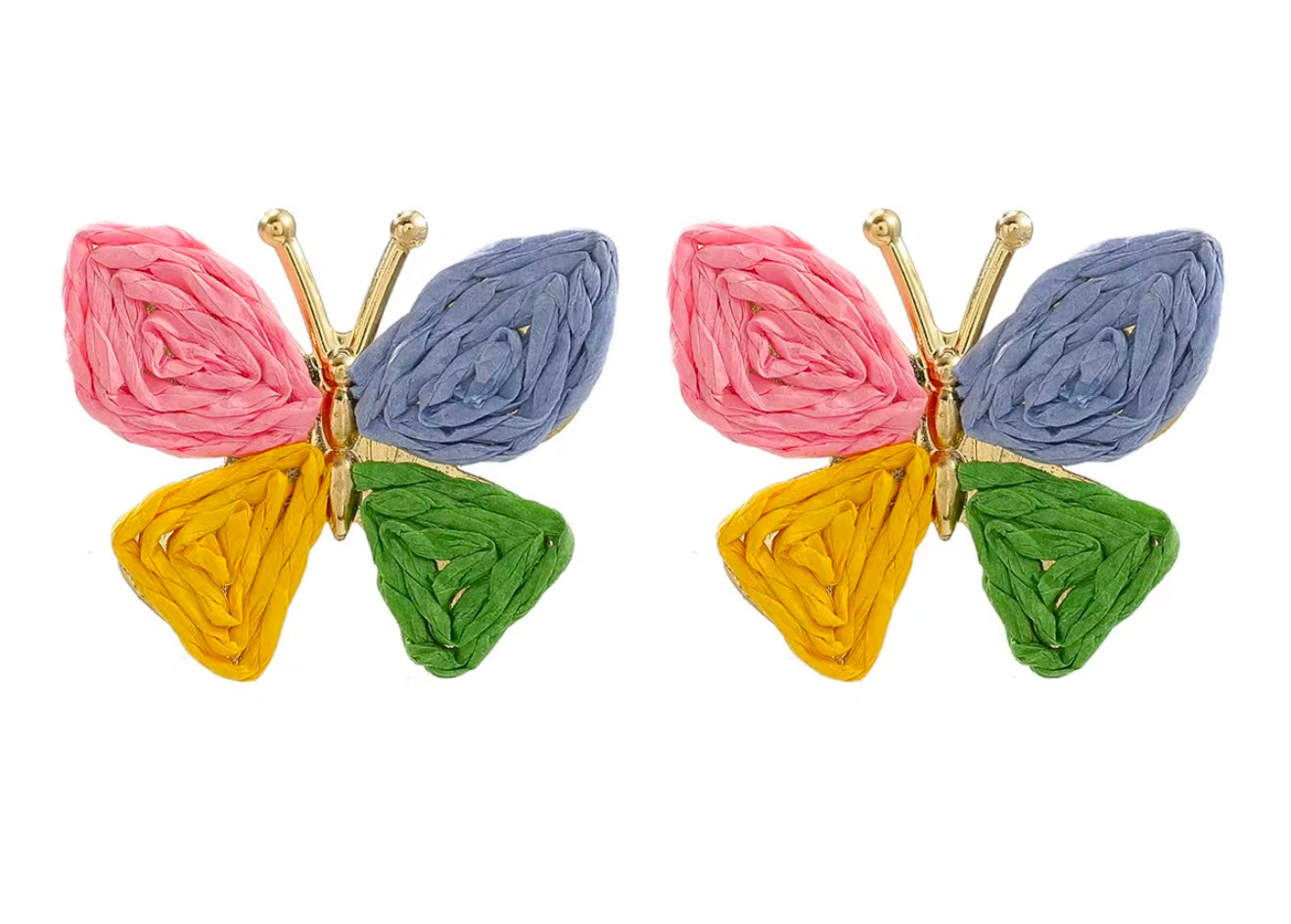 Two colorful butterfly-shaped earrings on a white background