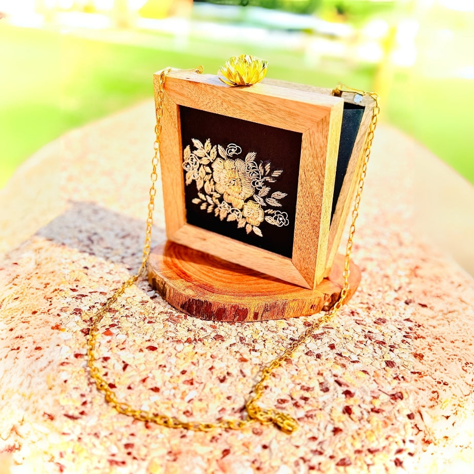 Fashionable black wooden handbag suitable for gifting and upscale events