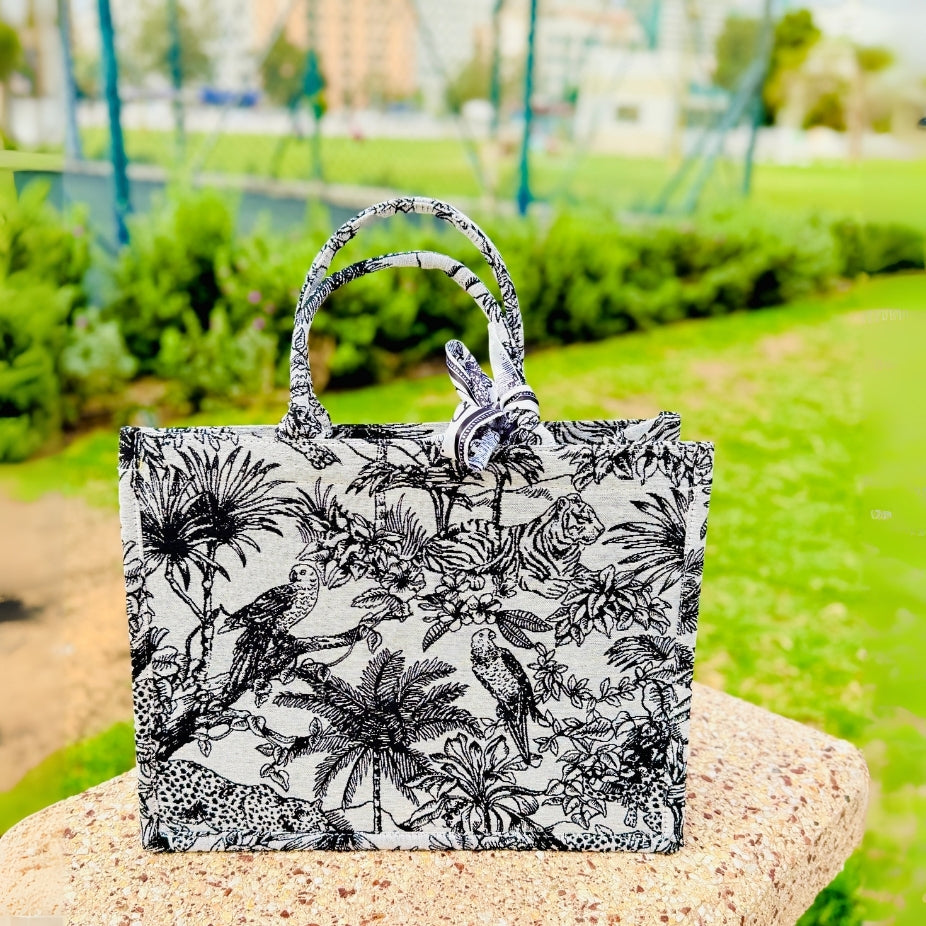Handmade XL tote bag featuring colorful printed patterns for modern outfits