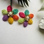 Rattan Raffia Handmade Bold Color Earring with Pearls and Diamonds Design