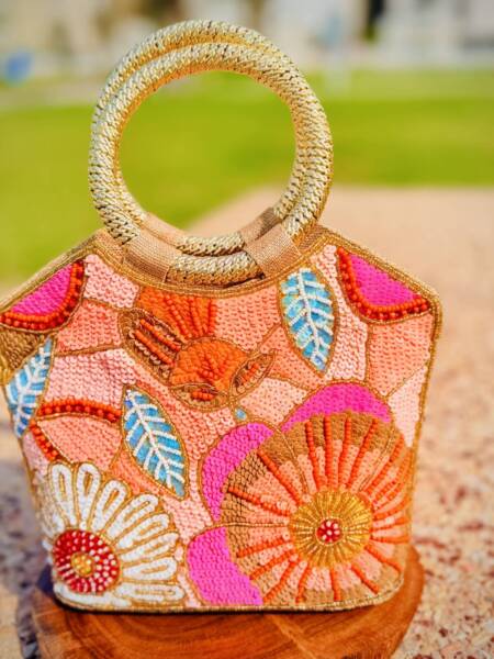 Flower design beaded handbag
