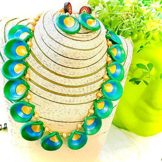Necklace with peacock feather design on a woven basket background