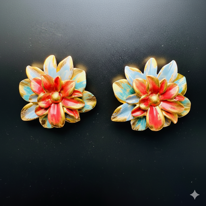 Pair of colorful flower-shaped earrings on a black background