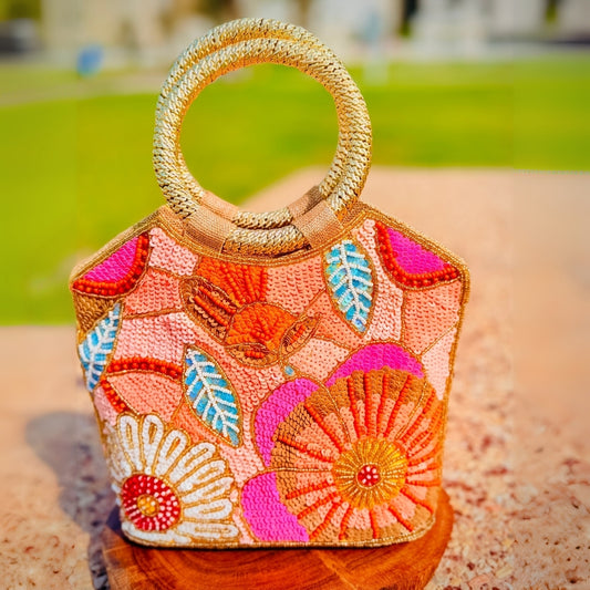 Handcrafted beaded floral handbag adding charm and uniqueness to outfits
