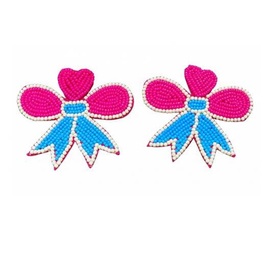 Beaded bow earrings with pink centers and blue tails on a white background