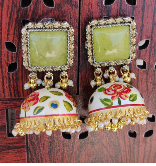 Handcrafted Meenakari Mogra Pearl Earrings – Light Aquatic Green with Yellow Stud & Blush Pink