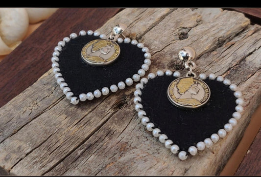 Handcrafted Black Hand-Painted Coin & Pearl Earrings