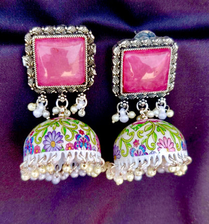 Handcrafted Meenakari Mogra Pearl Earrings – Light Aquatic Green with Yellow Stud & Blush Pink
