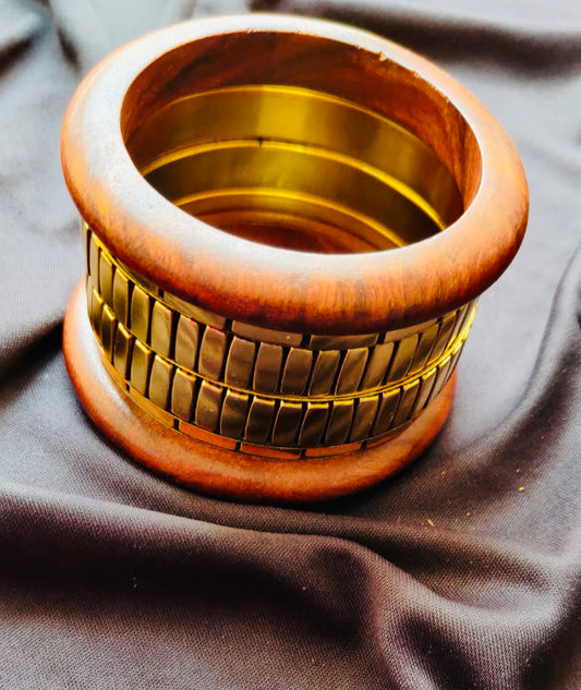 Handcrafted Wooden & Golden Bangle Set (6 Pieces)