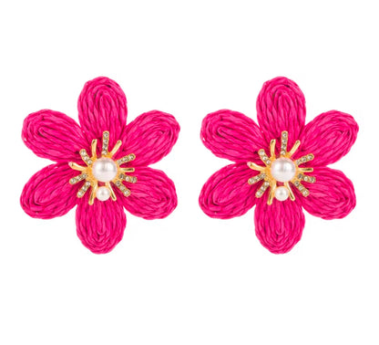 Rattan Raffia Handmade Bold Color Earring with Pearls and Diamonds Design