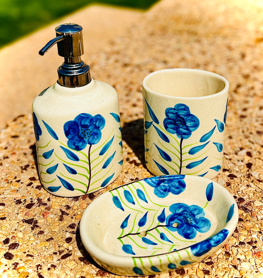 Navy blue and white Bathroom Dispensers set of 3