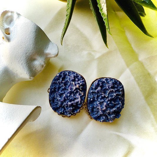 Blue stone earrings on a white fabric background with green leaves