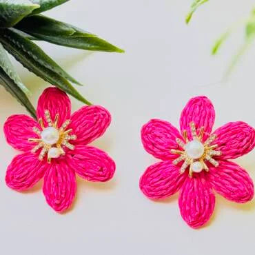 Rattan Raffia Handmade Bold Color Earring with Pearls and Diamonds Design