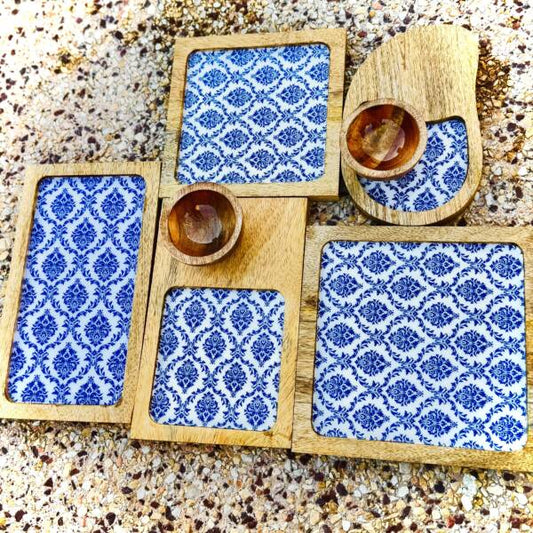 Handmade Wooden Serving Platter Set – 5 Large Platters + 2 Bowls (Blue & White)