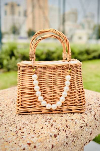 Straw Beach Bag with Big Pearls